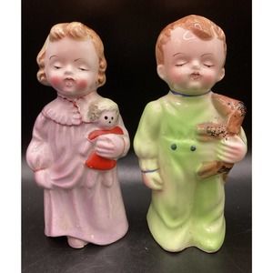 Vintage Ceramic Salt And Pepper Shakers Sleeping Boy And Girl EUC (IVY 11)